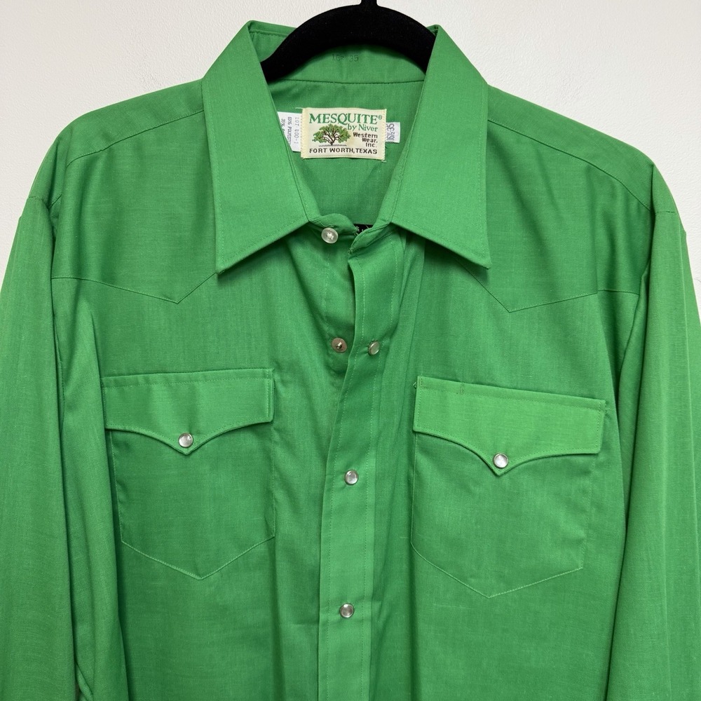 Mesquite Mens 70s Green Western Shirt Long Sleeve 16.5-35 USA Niver Pearl Snap